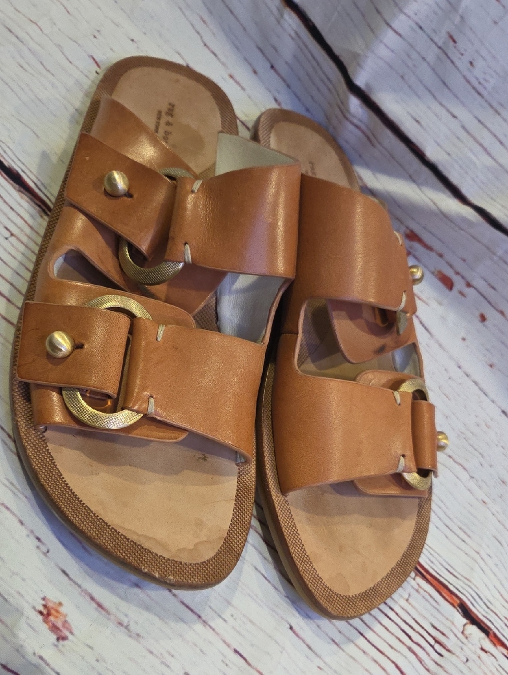 Rag & Bone Leather Double-Buckle Slide Sandals with Gold Hardware